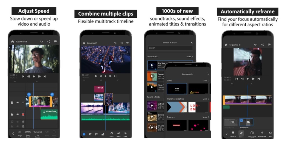 Multi-track and auto reframe are feature of Adobe Premiere Rush App