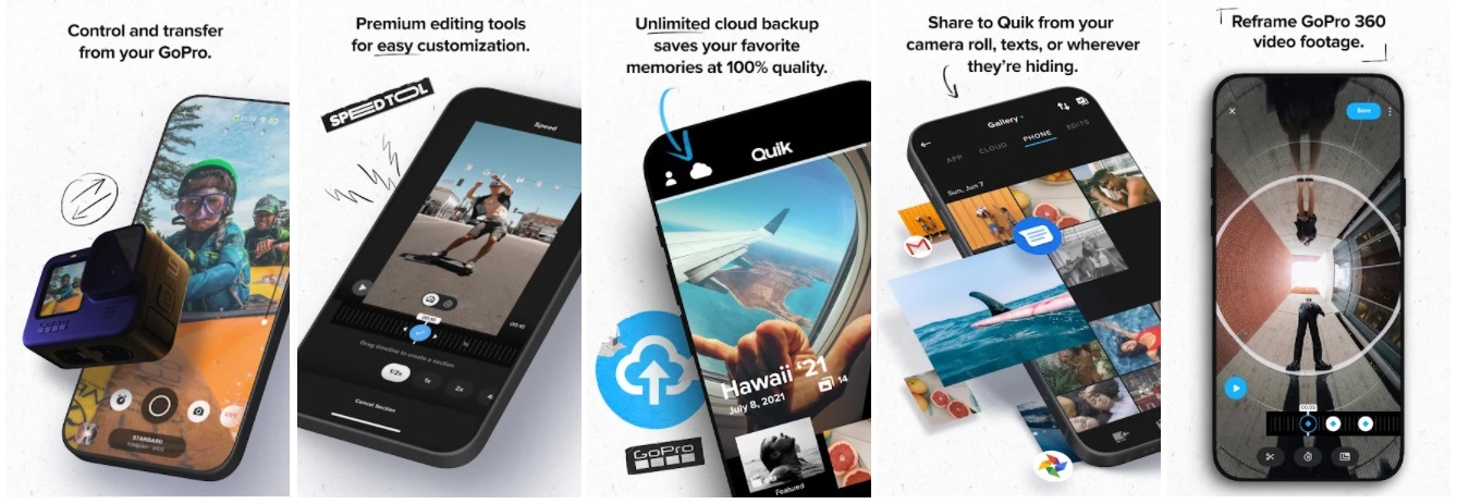 GoPro Quik feature like reframe 360 screen capture and cloud storage system 
