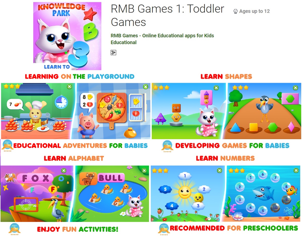 RMB Games 1 is good for toddlers to understand numbers, letters, and shapes