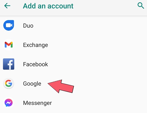 pick google to add google account