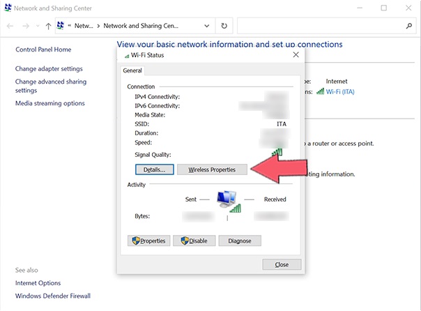 tap on wireless properties to open the current Wi-Fi password