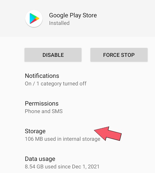 press storage within google play section
