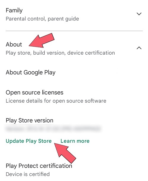 press about section and tap update play store to regain proper setting for fixing pending problem