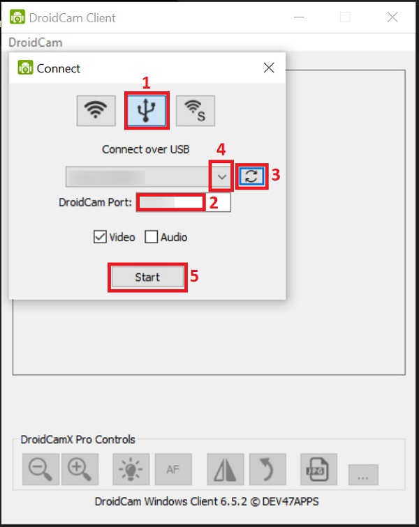 Select USB connection for webcam