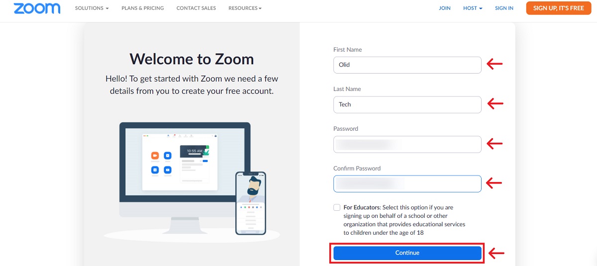 Fill name and password to complete zoom account