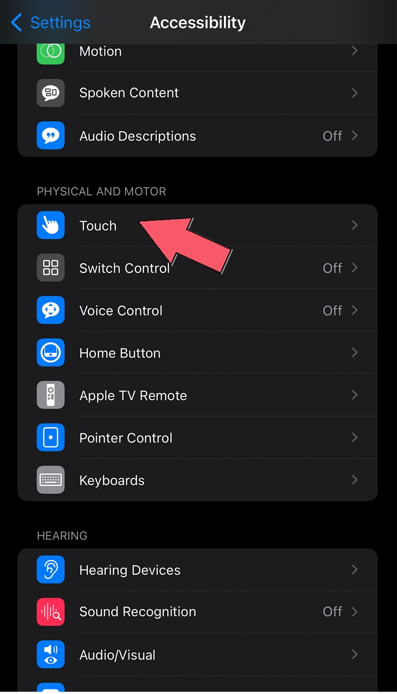 find the physical and motor section and click on touch