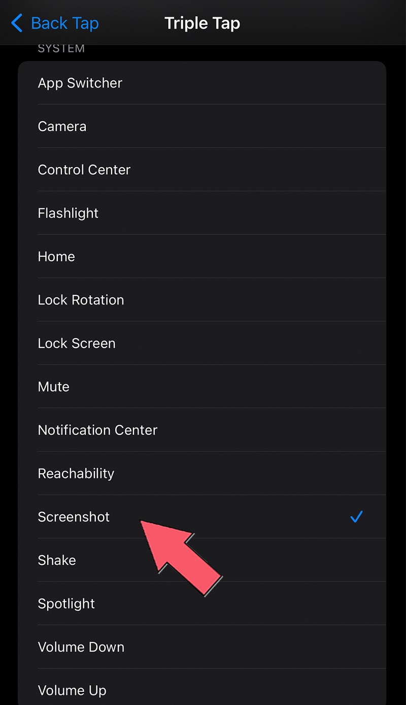 choose screenshot to activate triple tap feature