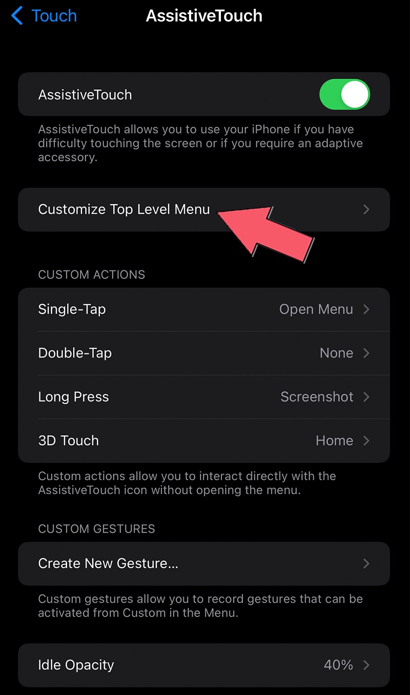 tap the customize top level menu to gain screenshot button