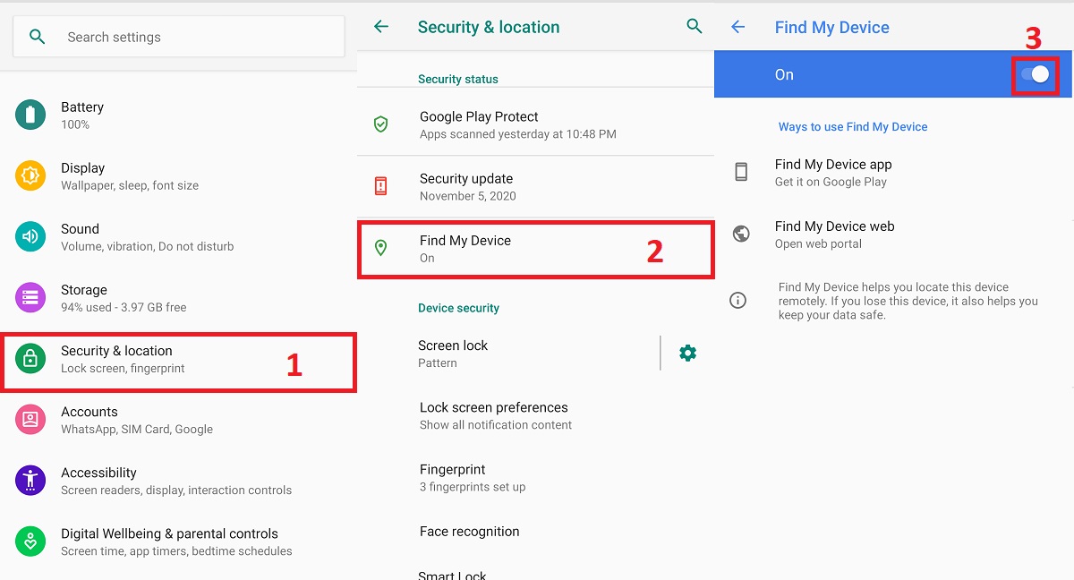 step by step how to turn on  the Find My Device part 1