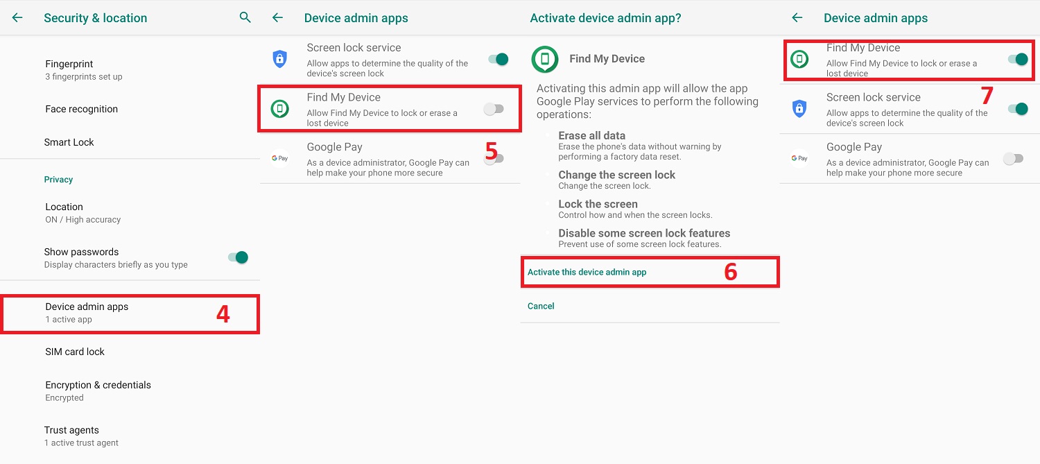 step by step how to turn on  the Find My Device part 2