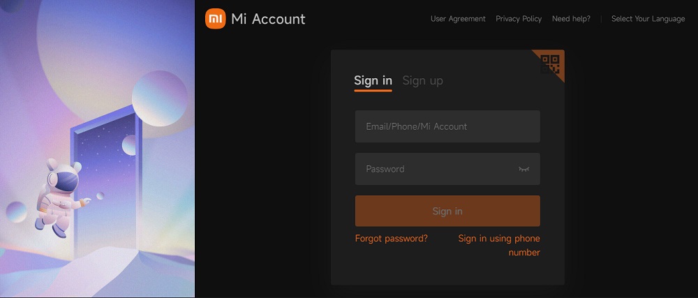 log in with your Mi account to track your smartphone